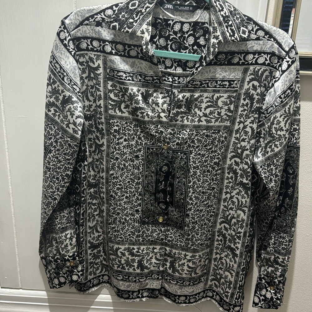 Zara black, white and gray button up blouse